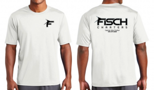 001: White Cotton T with emblem on front and logo on back.