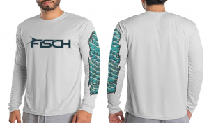004: Long sleeve performance shirt with UPX 50+ sun protection. Light Gray with front logo and scale pattern on left sleeve.